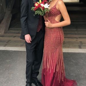 Long gold and red formal dress